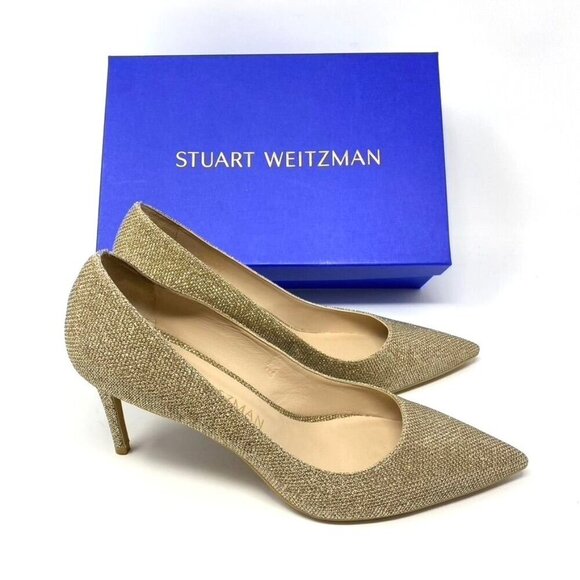 Stuart Weitzman Linsi 75 Pointed Toe Metallic Woven Pump Heels Rubber Sole NWB - Picture 12 of 13